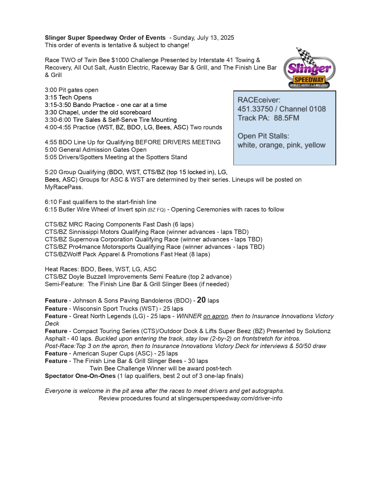 Order of events poster for SlingerSuperSpeedway Twin Bee Challenge