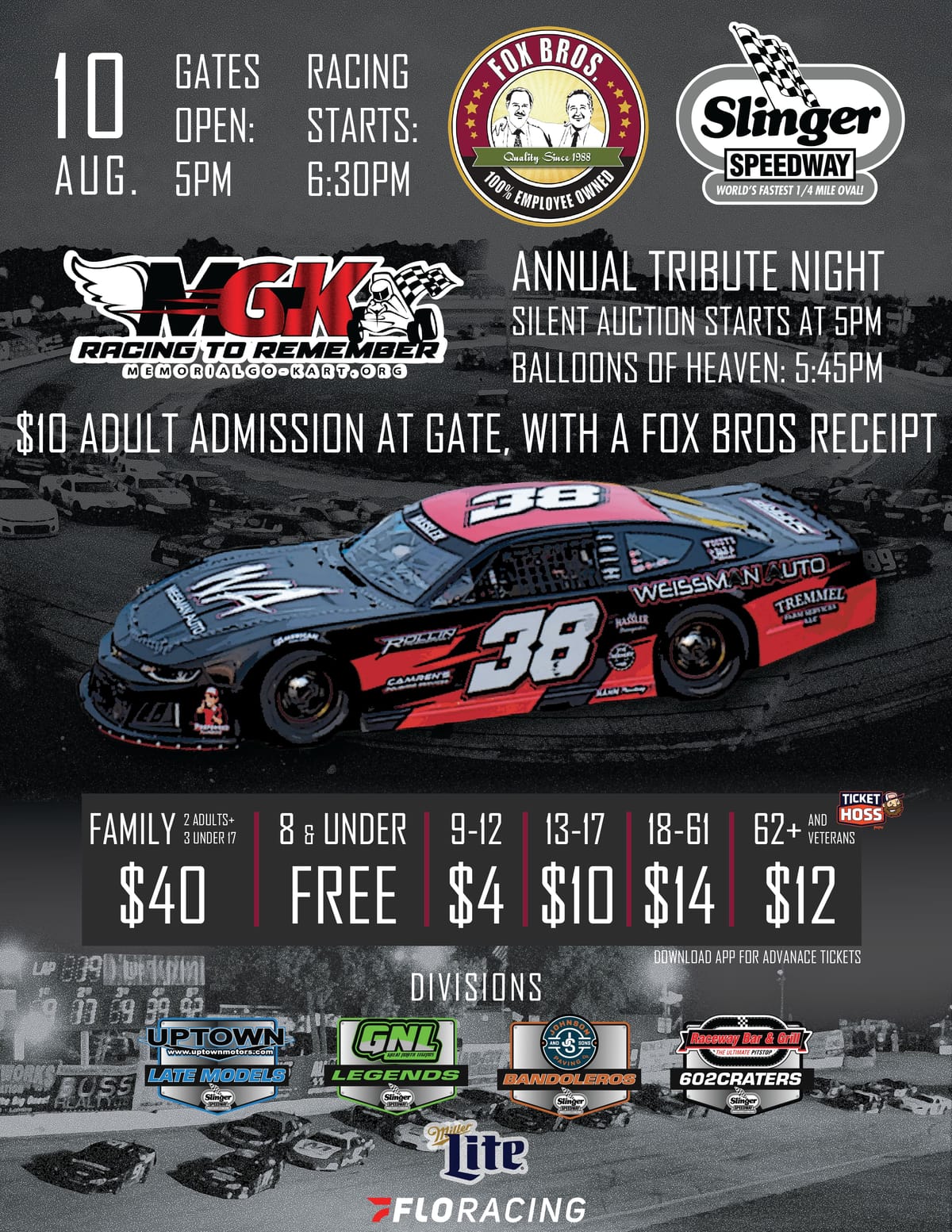 Slinger Speedway Tribute Night on Aug 10 with races, auction, and $10 entry with Fox Bros receipt.