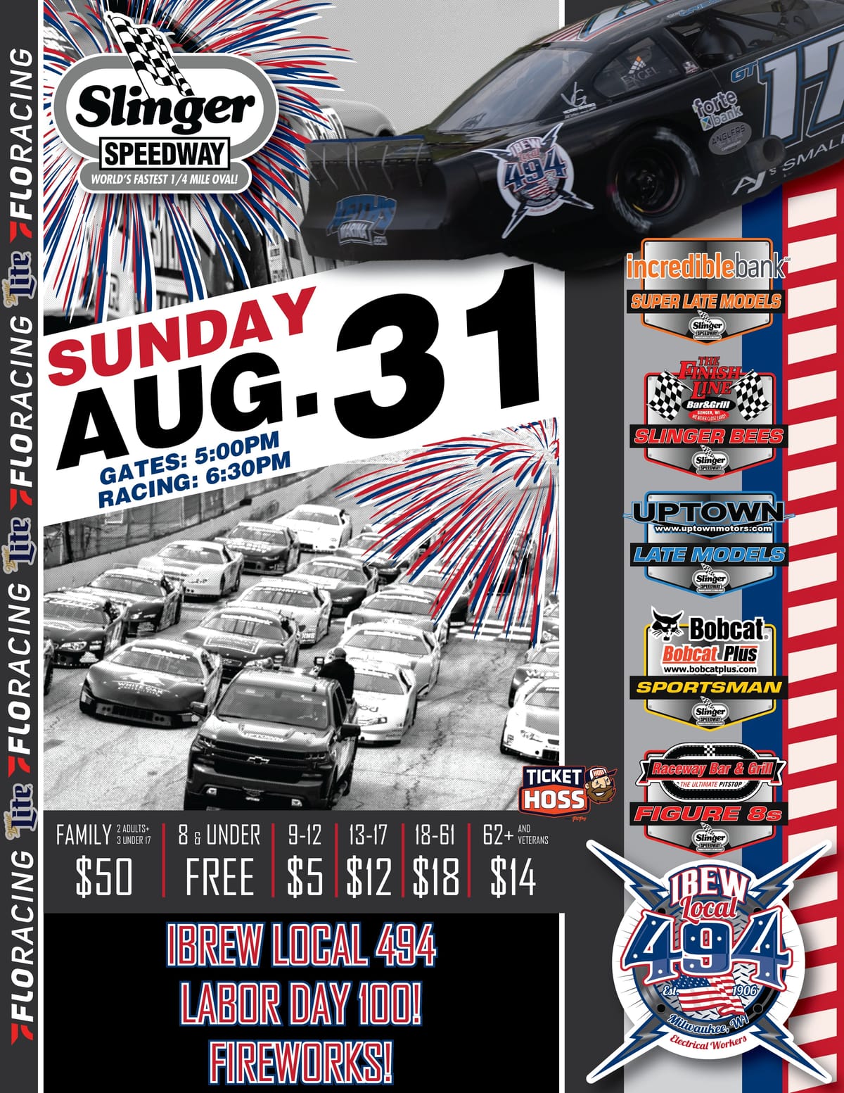 Promotional poster for Slinger Speedway’s August 31 race event featuring IBEW Local 494 Labor Day 100, multiple racing divisions, fireworks, ticket prices by age group, and start times.