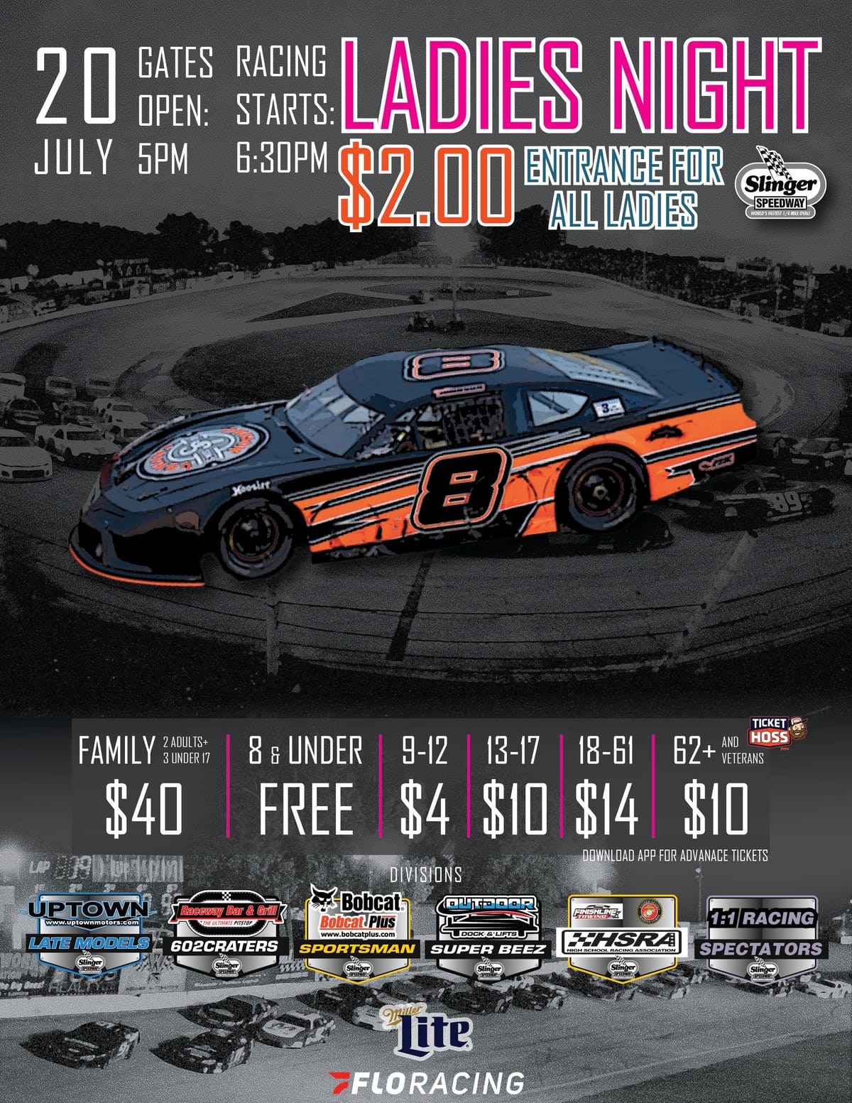 Poster for Slinger Speedway Ladies Night on July 20 with $2 entry for women, race divisions, ticket prices, and start times