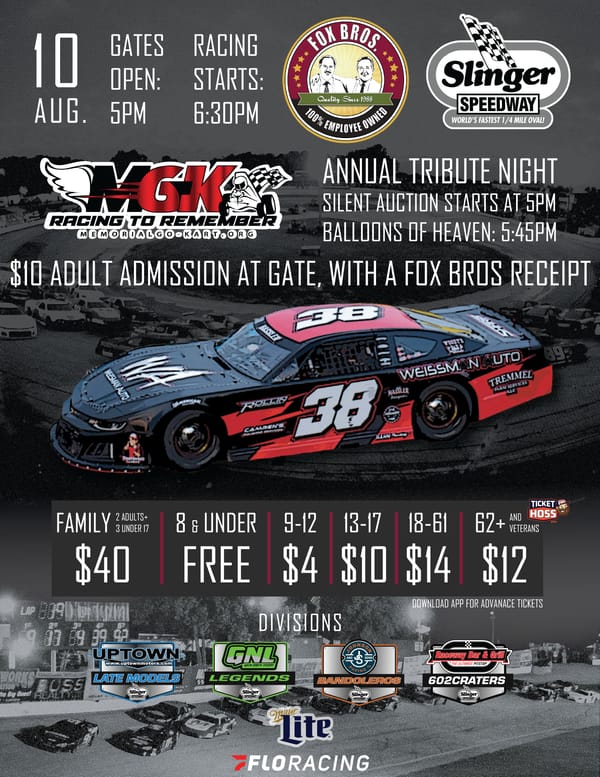 Slinger Speedway Tribute Night on Aug 10 with races, auction, and $10 entry with Fox Bros receipt.