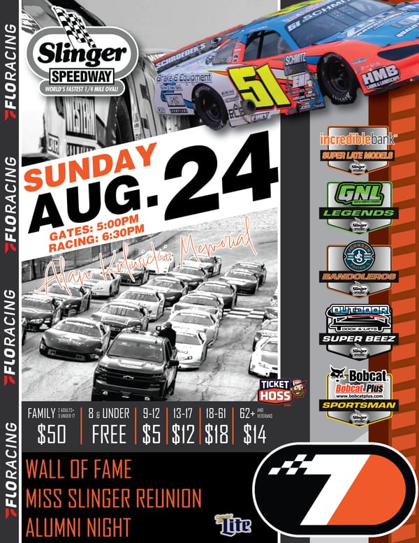 Poster for Slinger Speedway’s Alan Kulwicki Memorial on August 24 featuring racing divisions, 5PM gates, 6:30PM start, ticket prices, Wall of Fame, Miss Slinger Reunion, and Alumni Night.