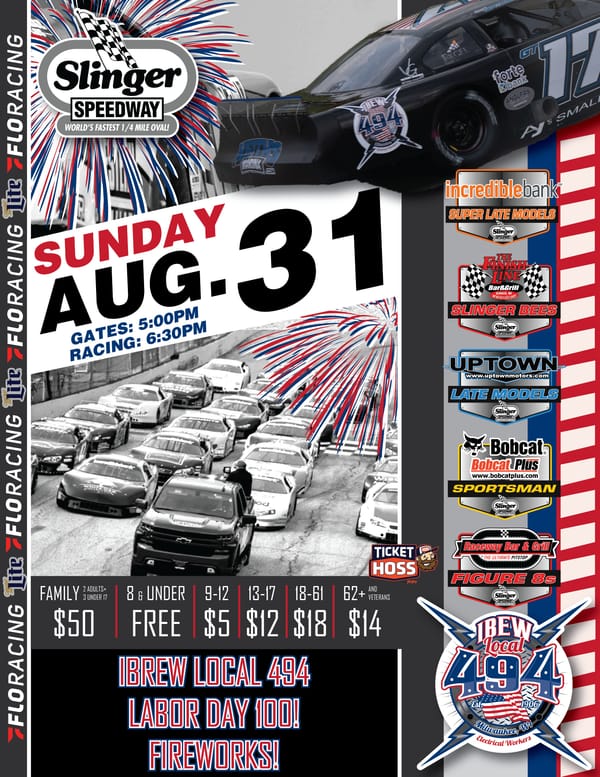 Promotional poster for Slinger Speedway’s August 31 race event featuring IBEW Local 494 Labor Day 100, multiple racing divisions, fireworks, ticket prices by age group, and start times.
