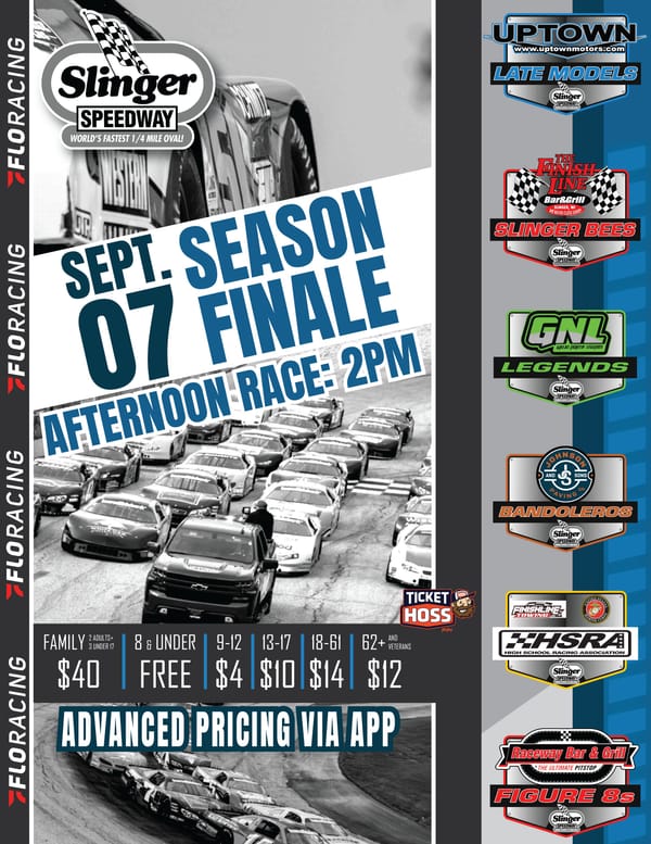 Promotional poster for Slinger Speedway’s September 7 Season Finale at 2PM, featuring multiple racing divisions, ticket prices by age group, and advanced app pricing.