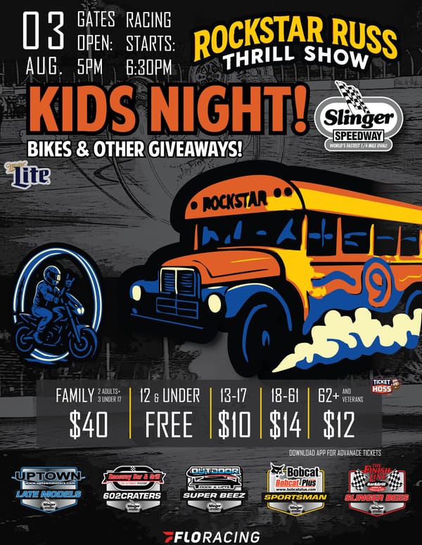 Poster for Slinger Speedway’s Kids Night on August 3 featuring the Rockstar Russ Thrill Show, giveaways, and racing event details.