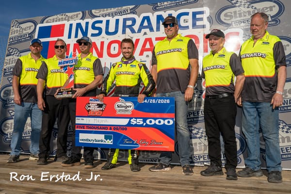 Ty Majeski leads Alex Prunty on the high groove at Slinger Speedway during the ASA Midwest Tour opener.